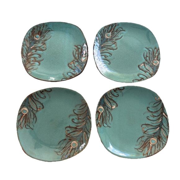 Pier 1 Imports Peacock Feather Stoneware Salad Plates 8" Lot of 4 Turquoise RARE - Picture 1 of 2